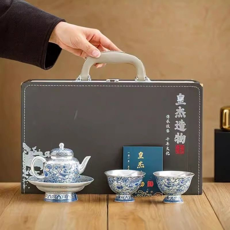 龙窑茶器     银青花虞美人一壶两杯+壶承          6037（D)