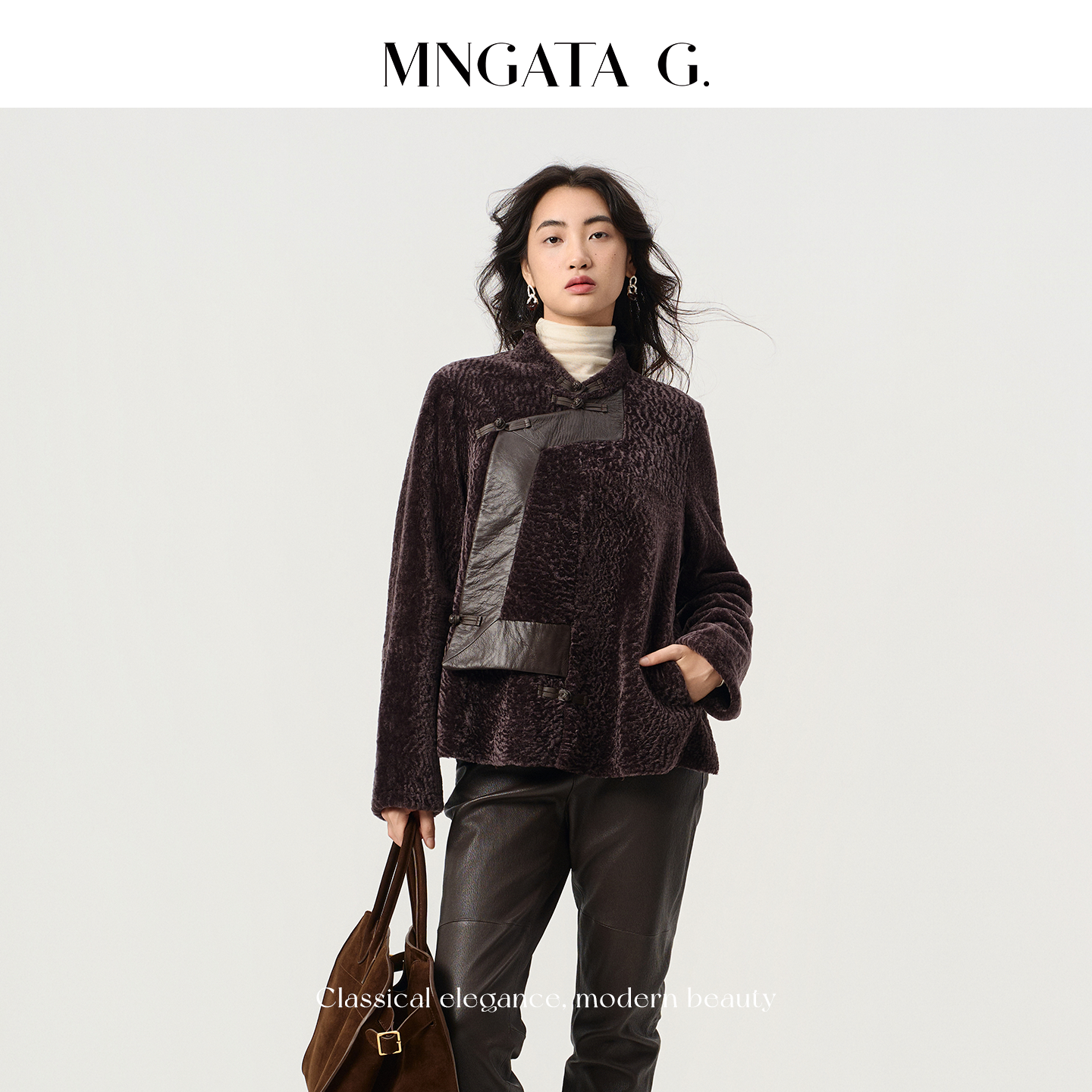 MNGATA G.宫小妍【卡拉库·波纹紫】皮毛一体南非水波纹外套5071654