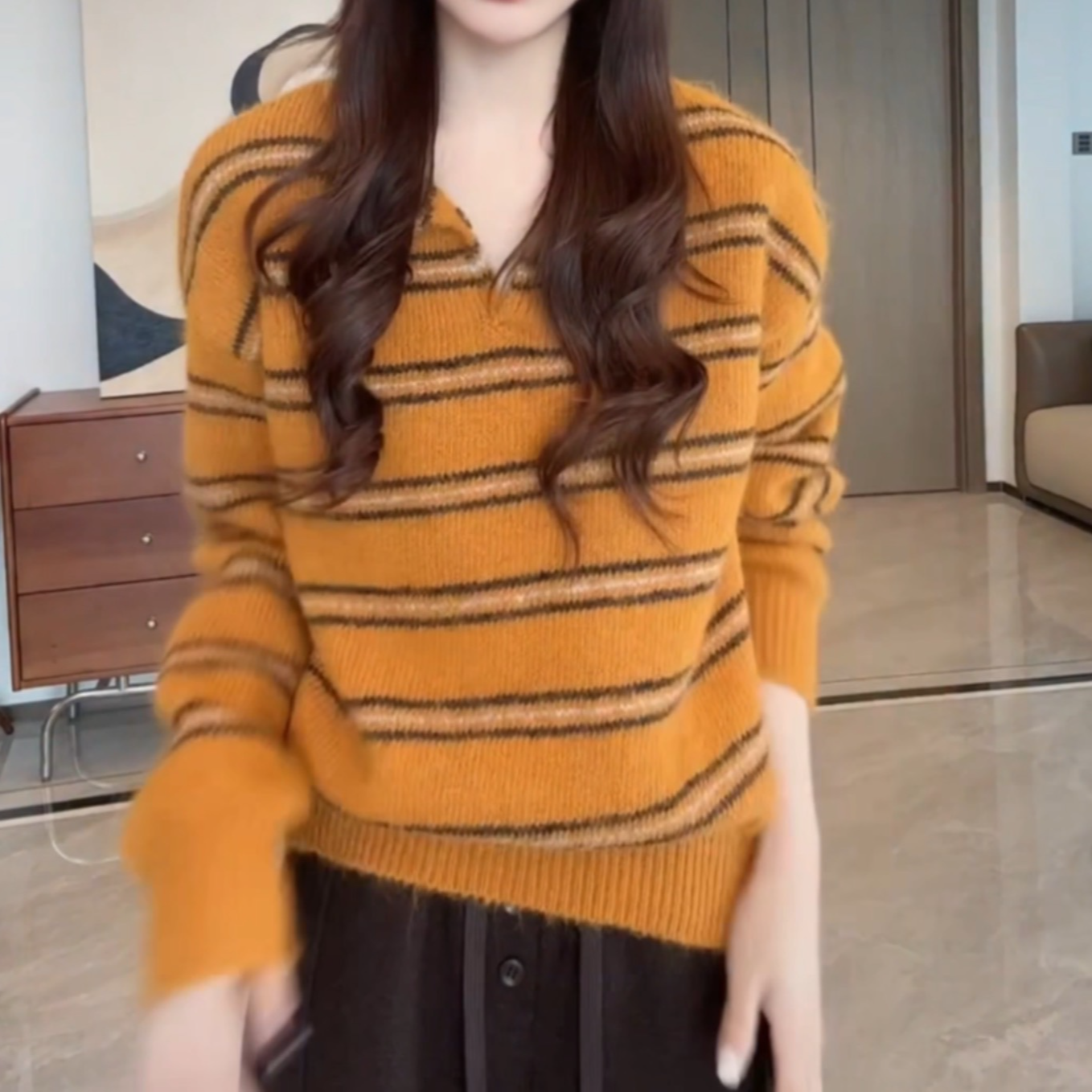 软糯慵懒风条纹半开领毛衣女秋冬新款宽松显瘦百搭套头针织衫上衣