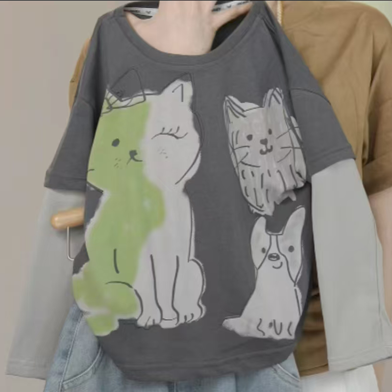 秋季新款打底男女童韩版百搭帅气卡通假两件T恤上衣时尚长袖休闲