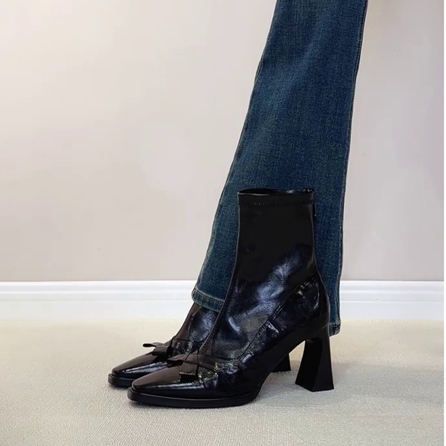 真皮方头气质复古蝴蝶结高跟靴后拉链粗跟百搭短靴女弹力瘦瘦靴」