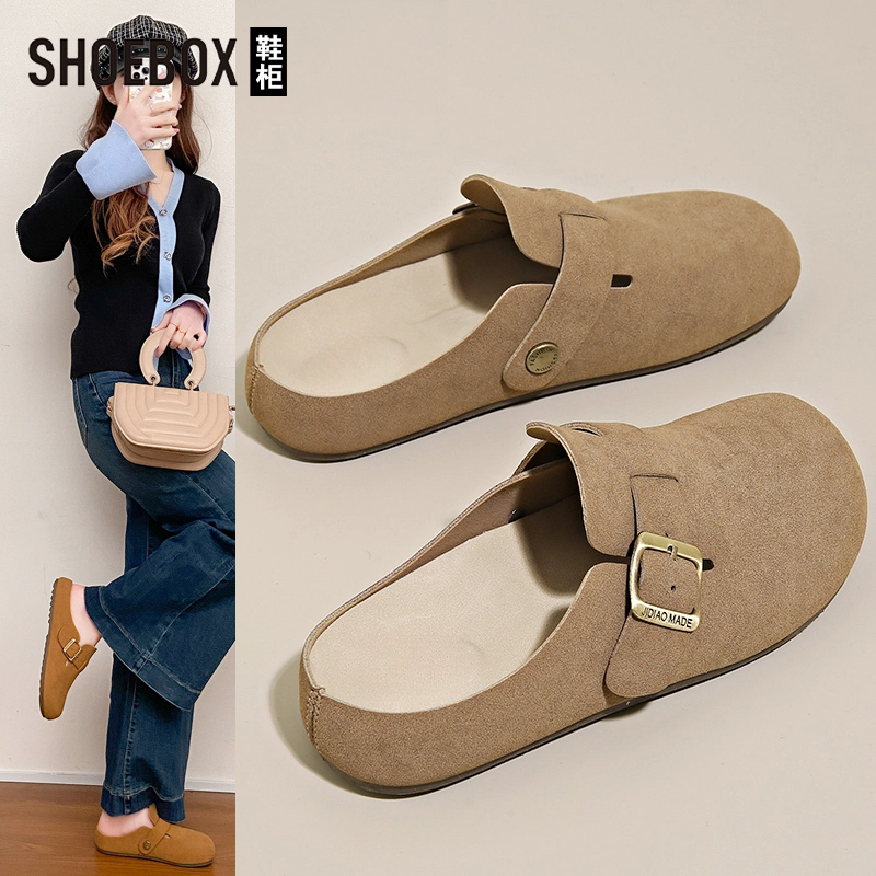 SHOEBOX鞋柜平底复古勃肯鞋女2025新款夏季一脚蹬懒人包头拖鞋