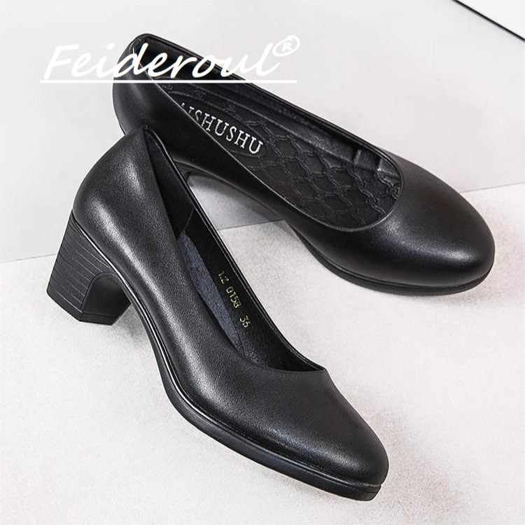 Feideroul职业高粗跟单鞋中跟软底皮鞋圆头酒店空姐工作鞋浅口鞋