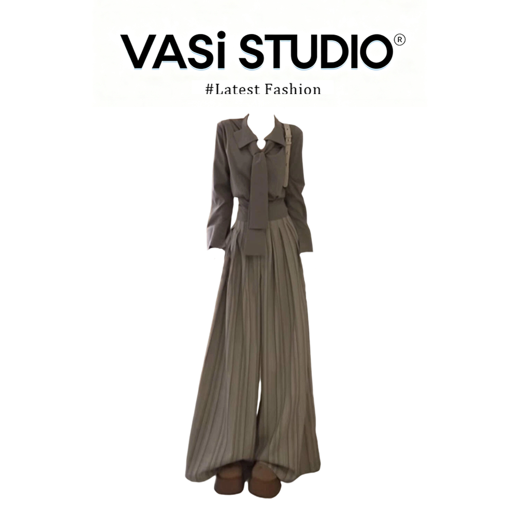 韩系清冷系松弛感衣服通勤时尚飘带长袖衬衫上衣条纹休闲裤两件套