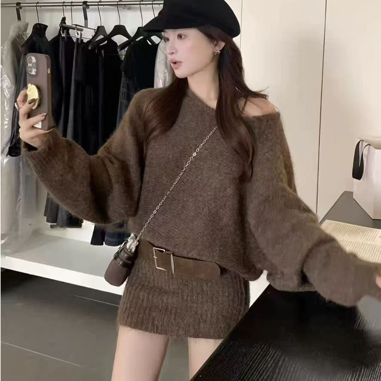 mulisha/穆丽莎新款辣妺氛围感慵懒显瘦包臂针织连衣裙(配腰带)