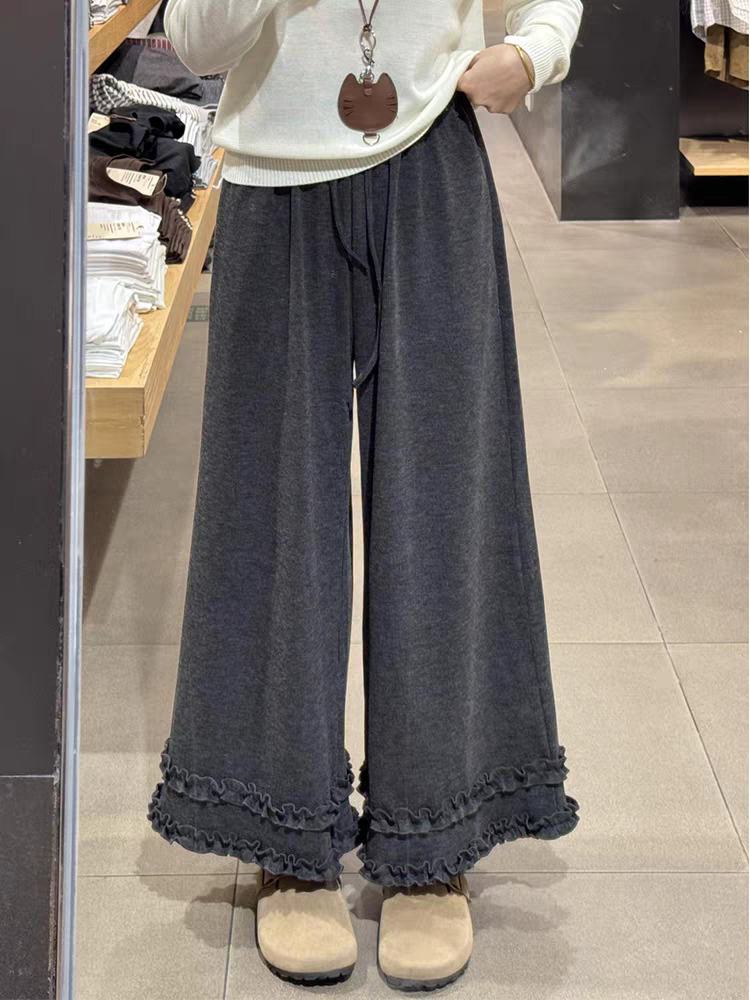 深灰色木耳边阔腿针织糯米裤子宽松大码女胖mm显瘦秋装直筒休闲裤