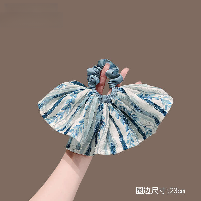 韩国东大门同款清新蓝色条纹裙摆大肠发圈女扎头发马尾发绳头绳