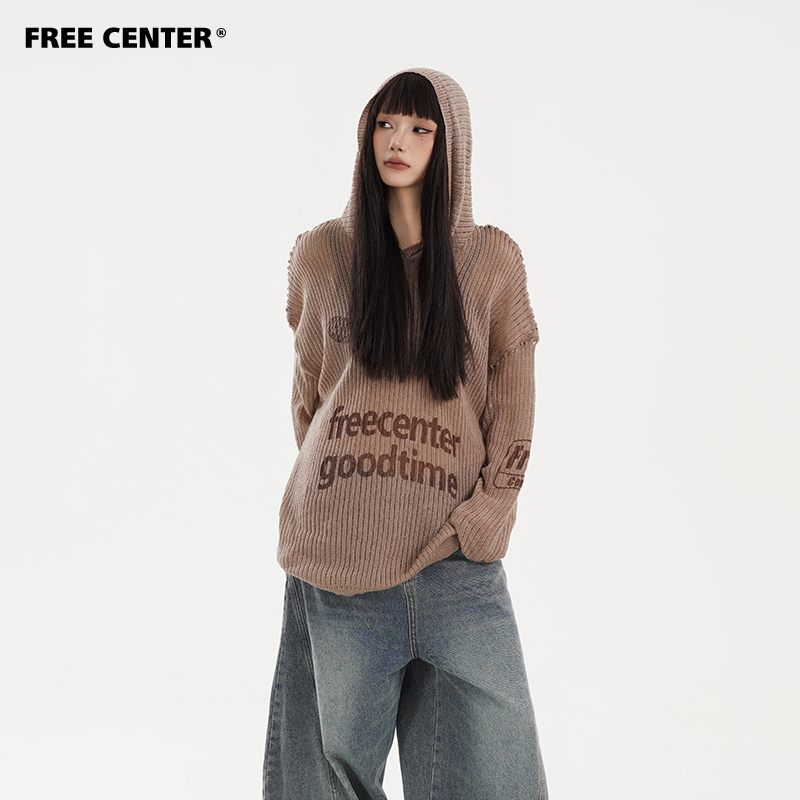 Free Center凉感防晒针织罩衫女镂空字母印花长袖连帽宽松外套潮