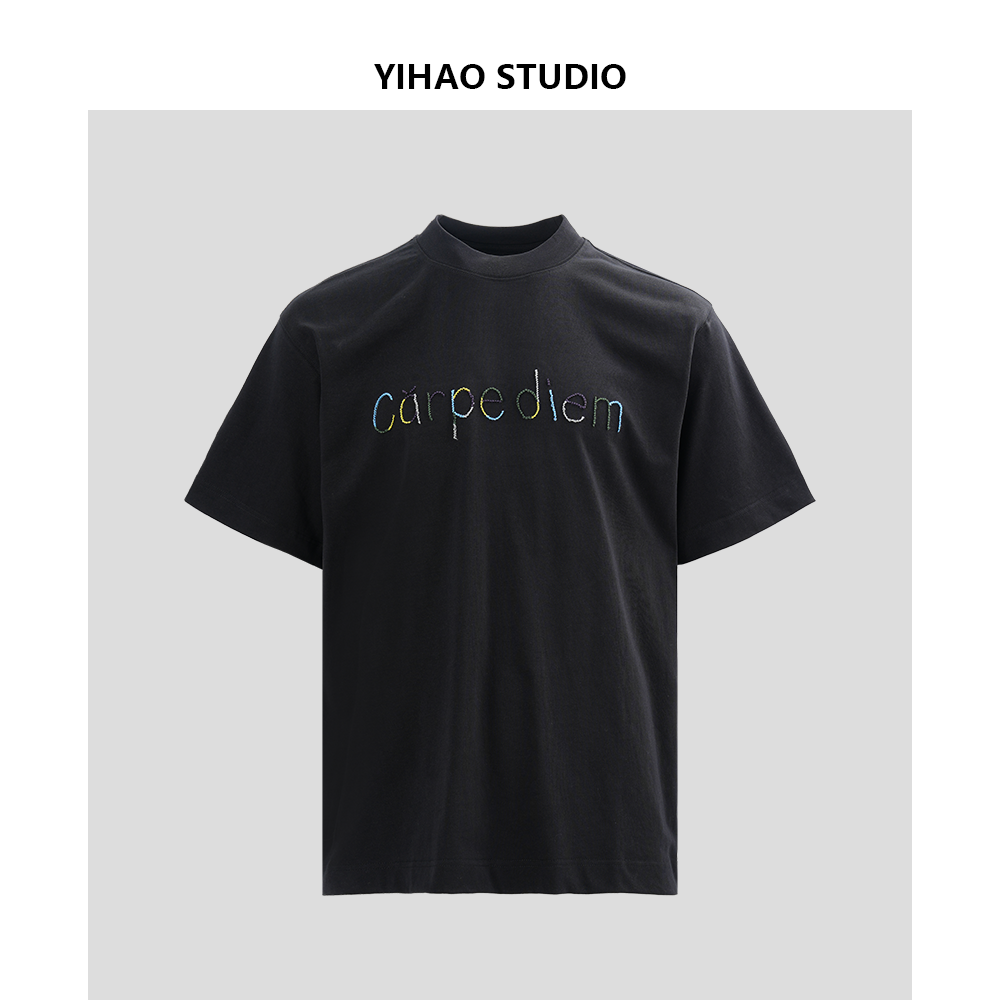 YIHAO STUDIO夏季男款字母刺绣纯棉半袖T恤百搭休闲宽松圆领短袖