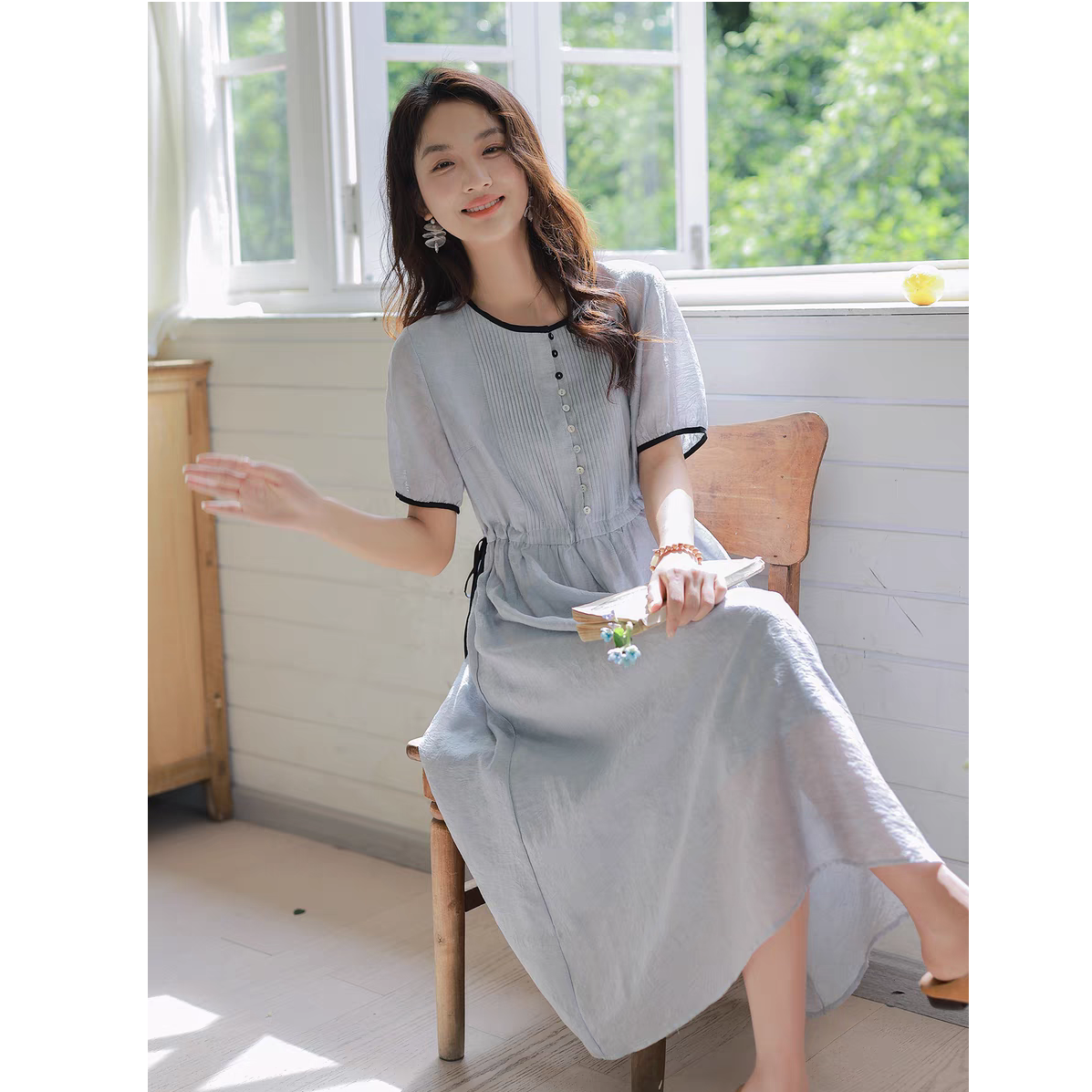 红念文艺灰色天丝连衣裙女短袖系带夏季2025年新款女装优雅长裙子