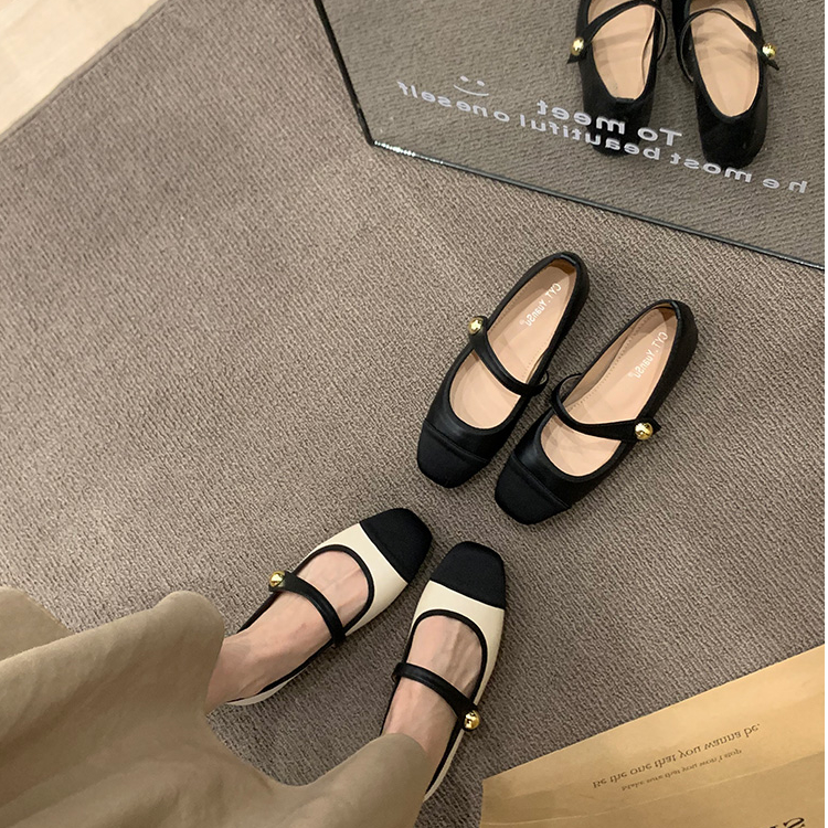 拼色气质真皮法式晚风浅口芭蕾单鞋女2025新款平底一字带玛丽珍鞋