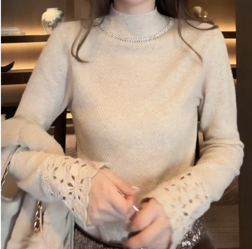 2025韩系冬季新款时尚百搭蕾丝拼接气质显瘦针织衫女上衣