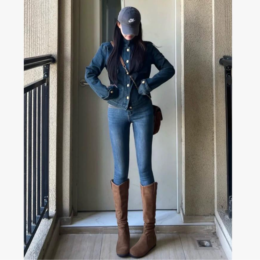 3331冬季新款韩系百搭小众加绒保暖牛仔两粒扣小脚裤