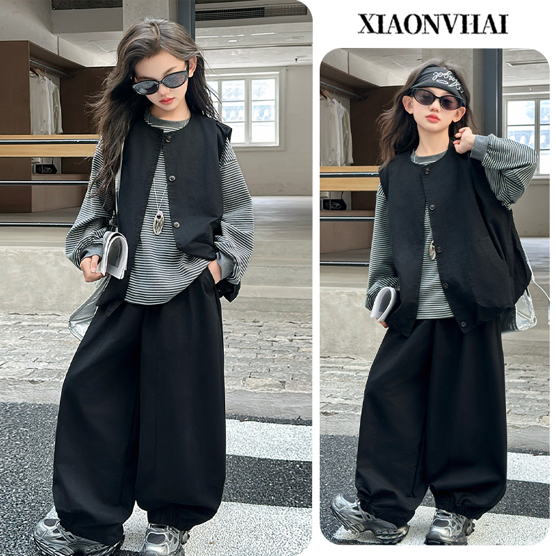 女童秋季马甲三件套装2025新款中大童条纹打底衫宽松阔腿裤百搭潮