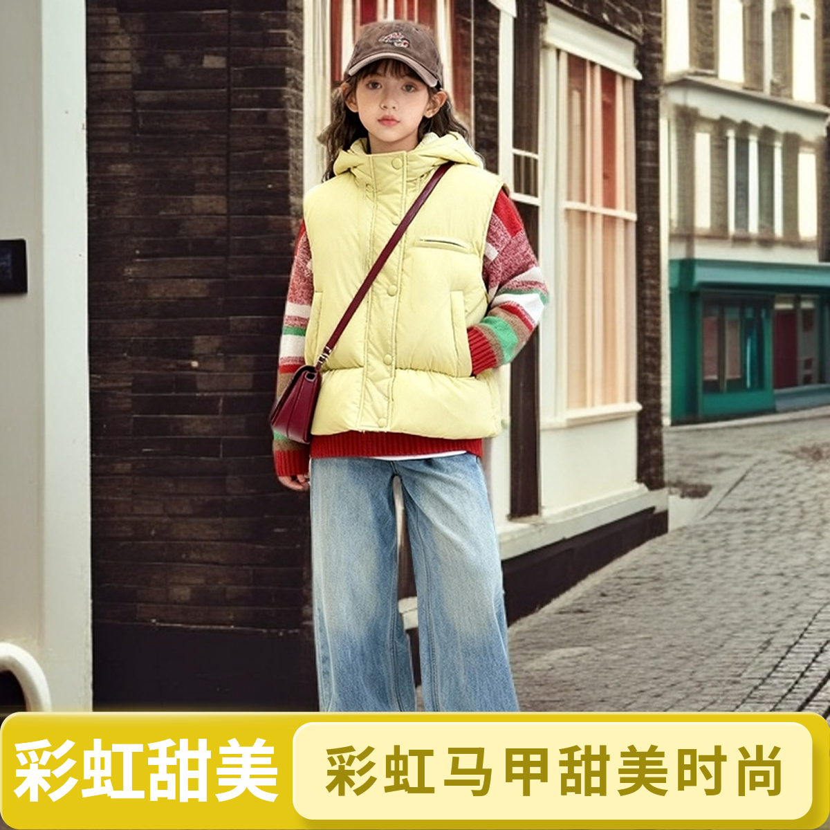 星思兔新款秋冬童装彩虹色马甲针织衫牛仔裤条纹韩版甜美风套装