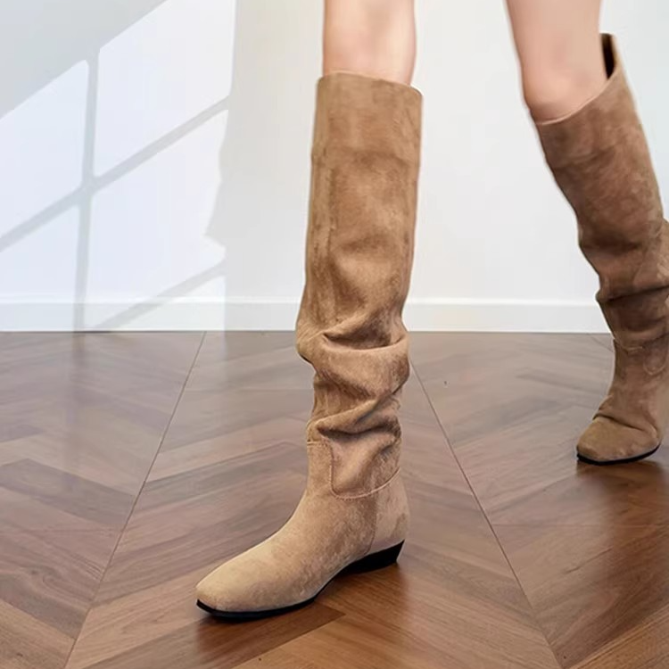 复古过膝长筒靴女堆堆靴法式气质显瘦褶皱高筒骑士靴粗跟时尚百搭