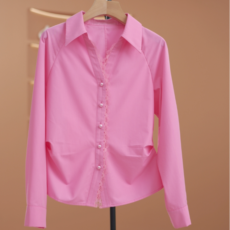 【48小时发货】蕾丝拼接衬衫设计感小众收腰显瘦上衣百搭衬衣Y15387