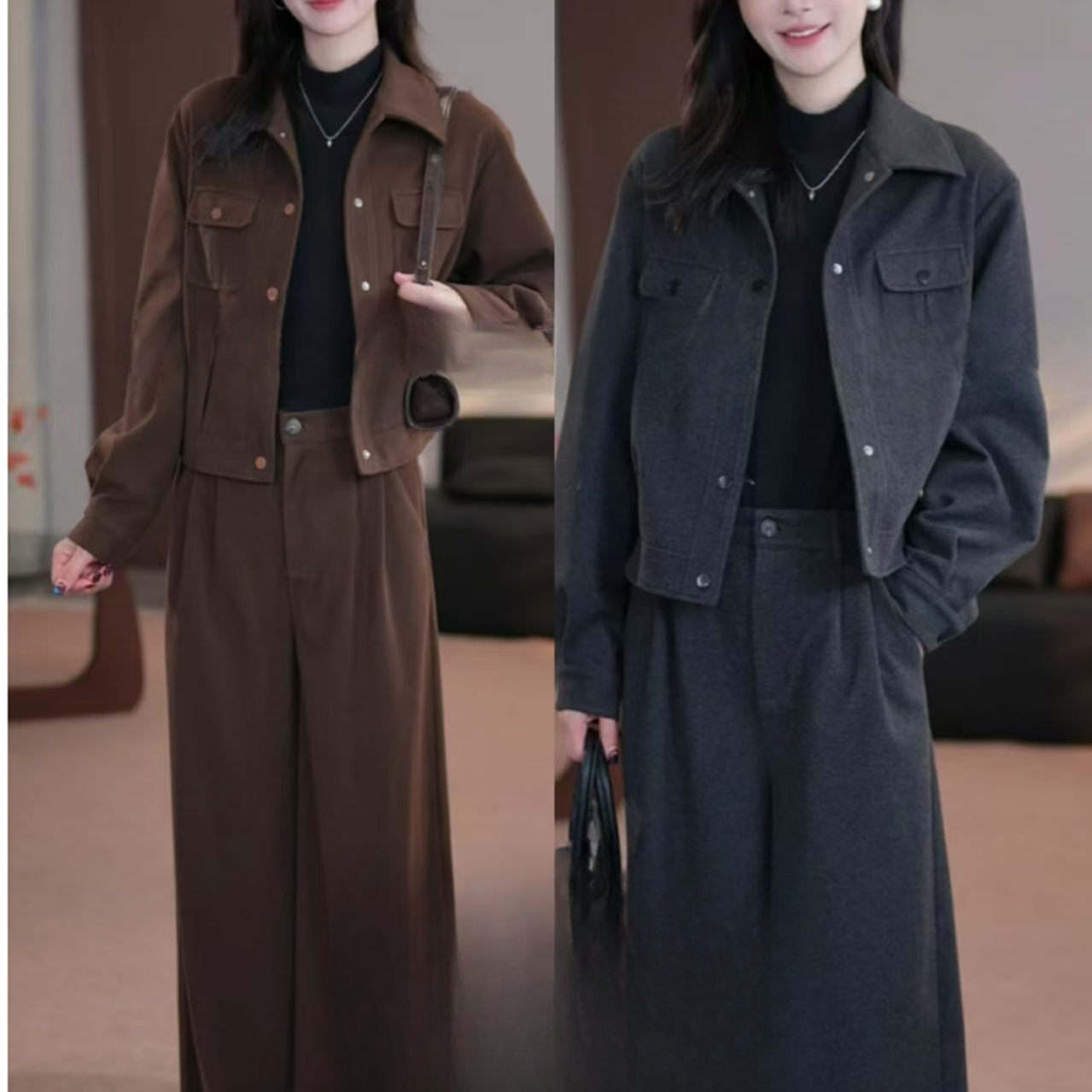 【有运费险】时尚套装女2025洋气宽松显瘦休闲毛呢外套裤子两件套