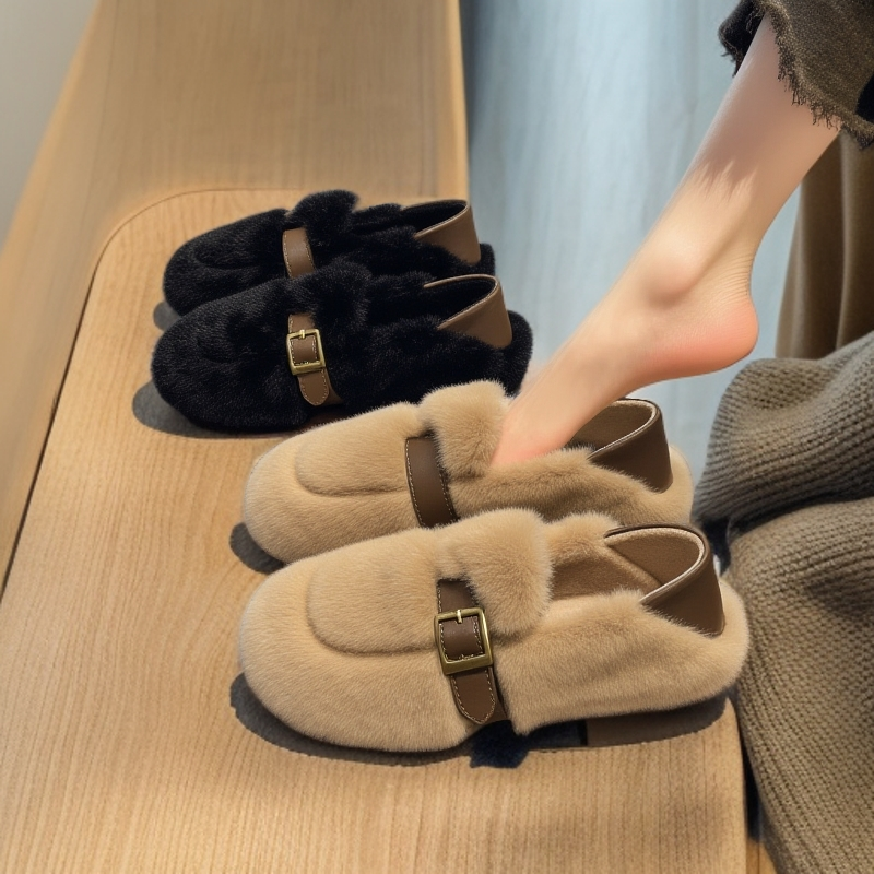 兔毛绒毛毛鞋女秋冬季外穿2025复古高级感皮带扣两穿软底豆豆棉鞋