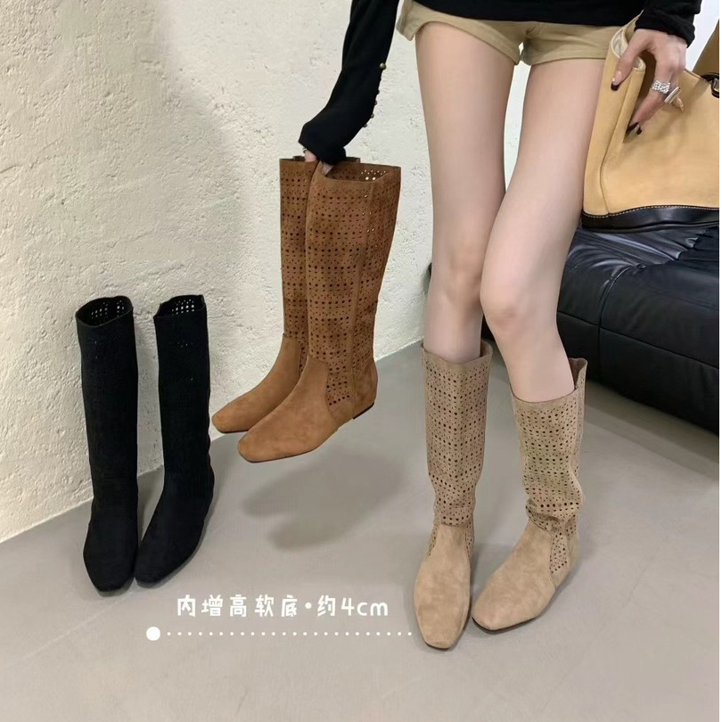 镂空透气骑士靴女款夏季内增高西部堆堆靴2025新款时尚百搭长靴秋