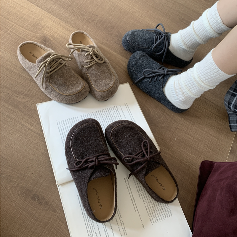 BS-C901-3 复古风方头系带包头半拖鞋女新款春秋百搭一脚蹬勃肯鞋