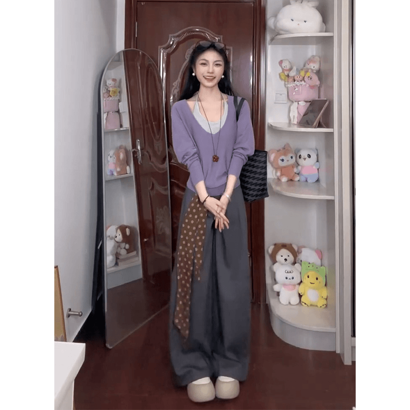 紫色假两件露肩毛衣针织衫女款2025早秋季独特漂亮上衣宽松阔腿裤