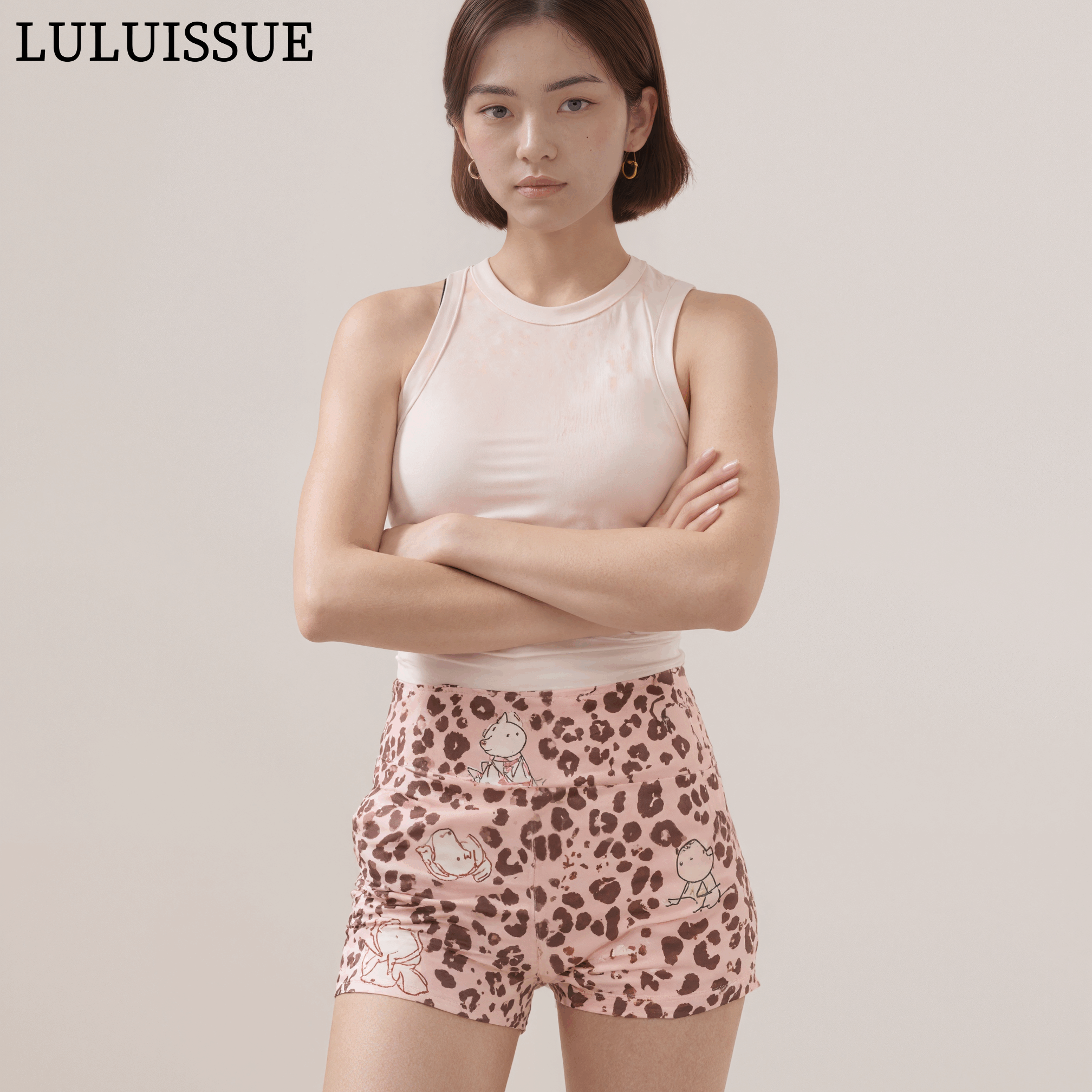 LULUISSUE｜豹纹汪汪户外运动训练花短裤可爱汪汪收腹高腰健身裤