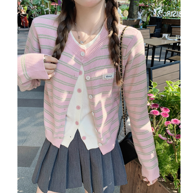 小个子韩系粉色条纹假两件针织开衫2025年毛衣外套早秋穿搭上衣