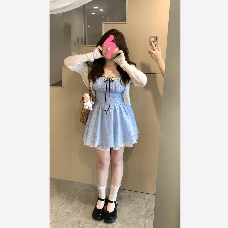 大码女装2025夏季新款微胖甜美蕾丝花边吊带裙松紧腰遮肚显瘦套装