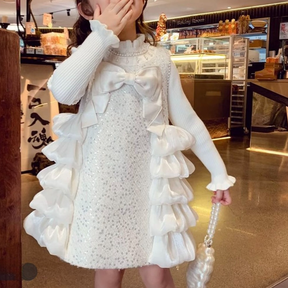 女童公主裙背心裙高级白色礼服裙秋冬季新款小香风套装生日连衣裙