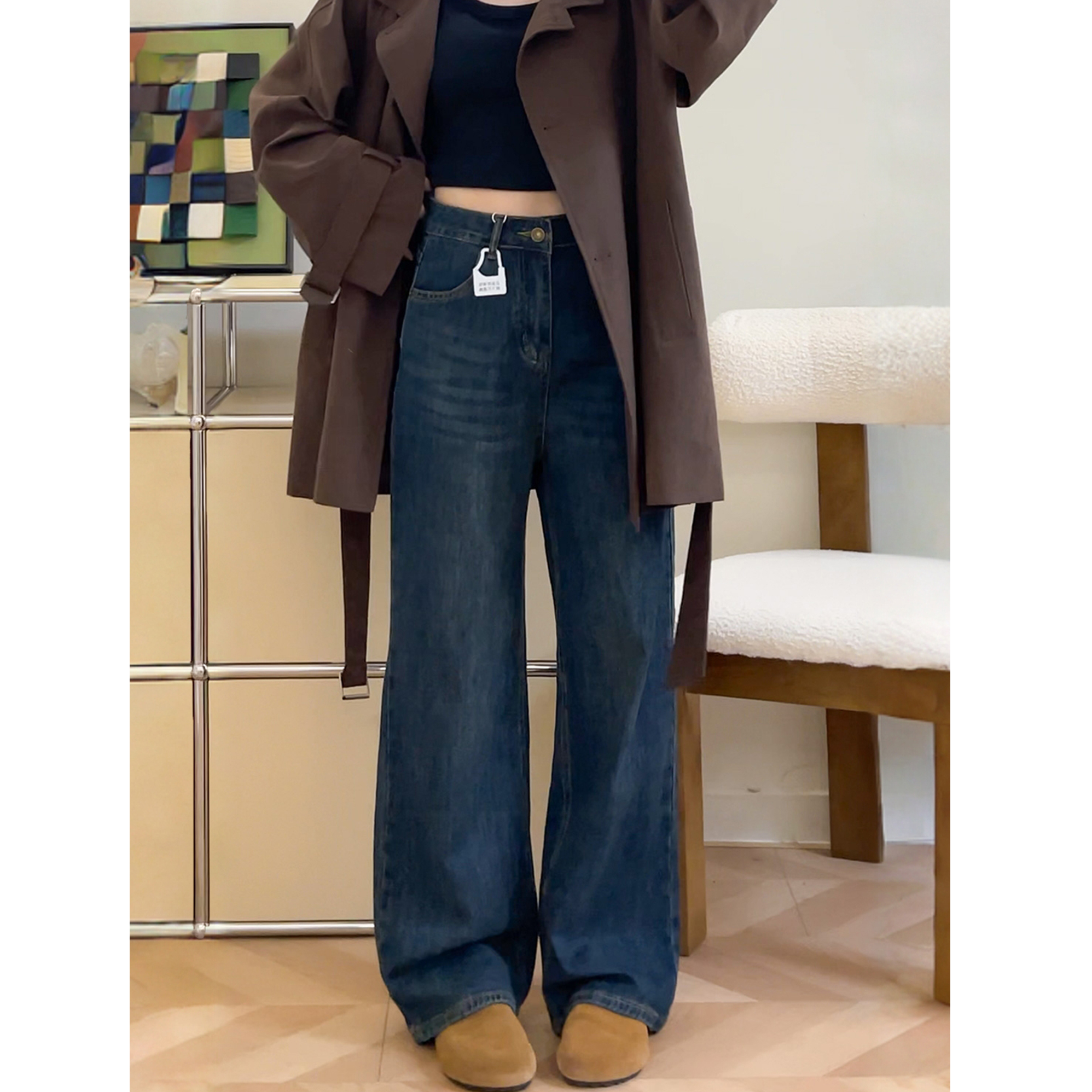 秋冬新款加绒加厚窄版阔腿牛仔裤女大码宽松高腰遮跨显瘦直筒长裤