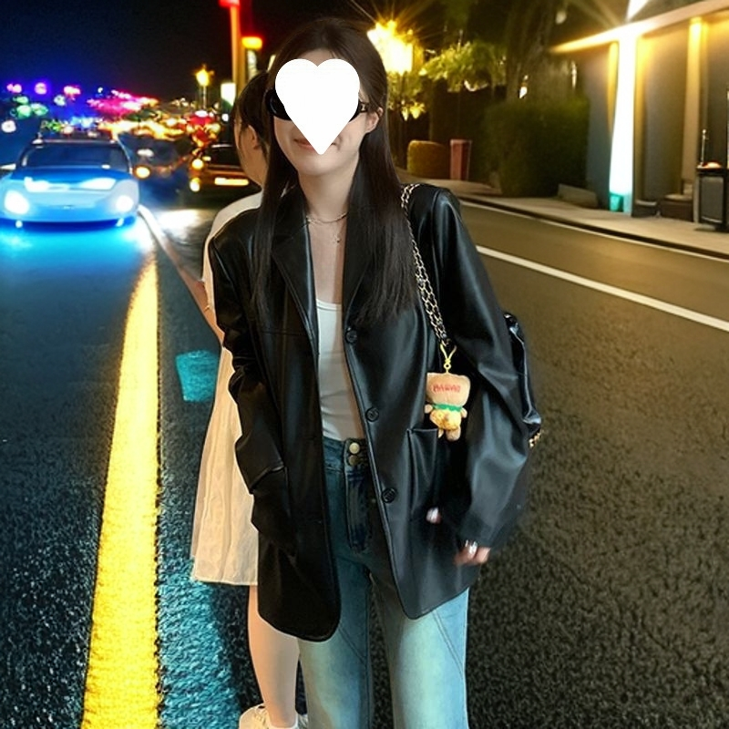 设计感西装皮衣外套女时尚新款韩系机车风高街时尚黑色PU小西服潮