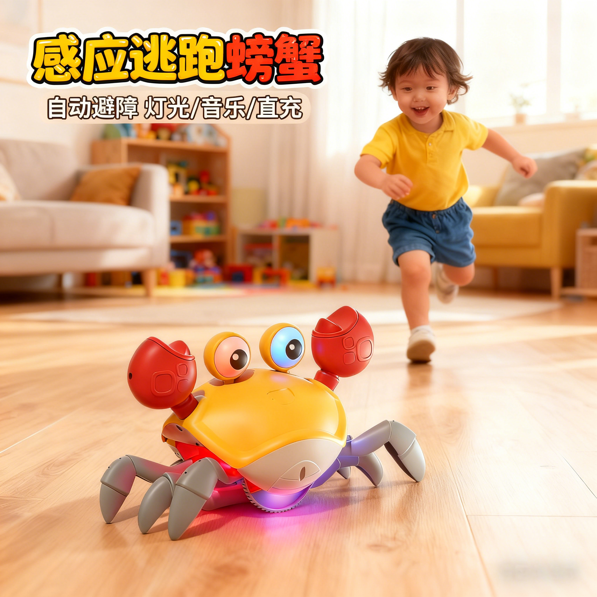会逃跑的感应电动螃蟹宝宝婴儿抬头练习玩具跳舞哄娃神器抓不住