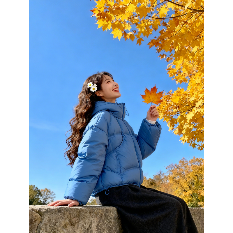 韩系蓝色连帽泡芙棉服女2025新款短款加厚保暖小个子面包服外套冬
