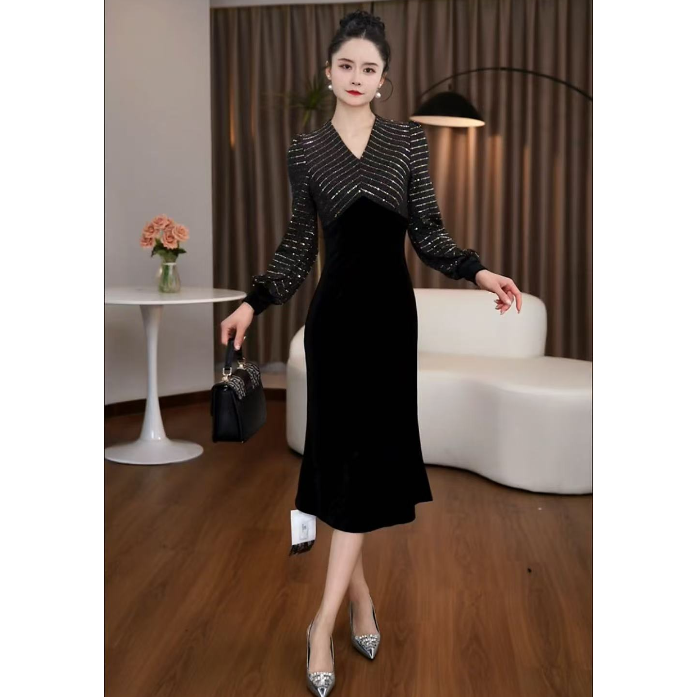 【然也专属】高级感复古亮片拼接显瘦女气质收腰修身包臀长裙子2793