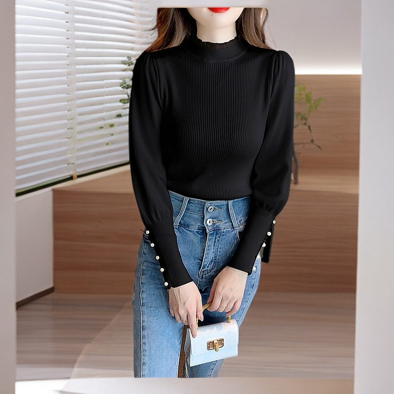 品牌BRANG半高领珍珠蕾丝毛衣女针织衫打底衫内搭洋气长袖上衣