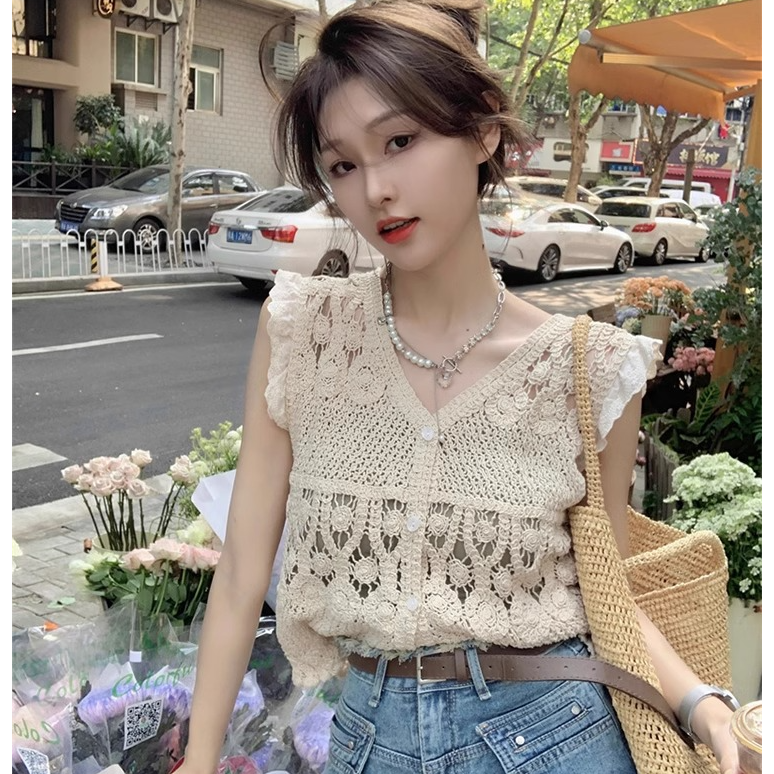 V领钩花镂空冰丝针织开衫t恤女夏时尚拼接蕾丝设计感宽松无袖上衣