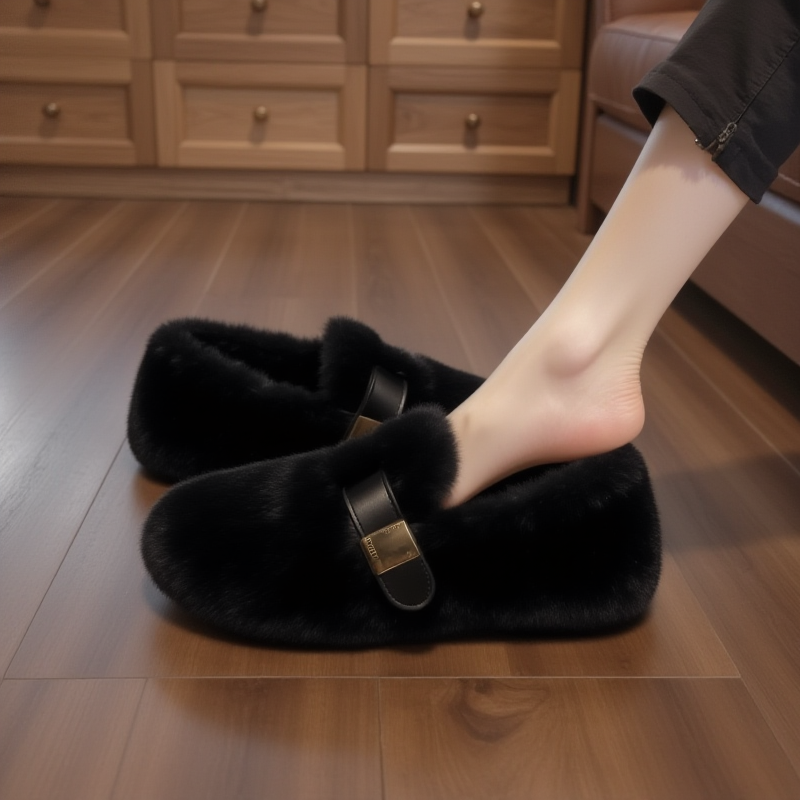 【兔毛绒】黑色毛毛鞋女冬外穿新款小香风高级感一脚蹬法式豆豆鞋