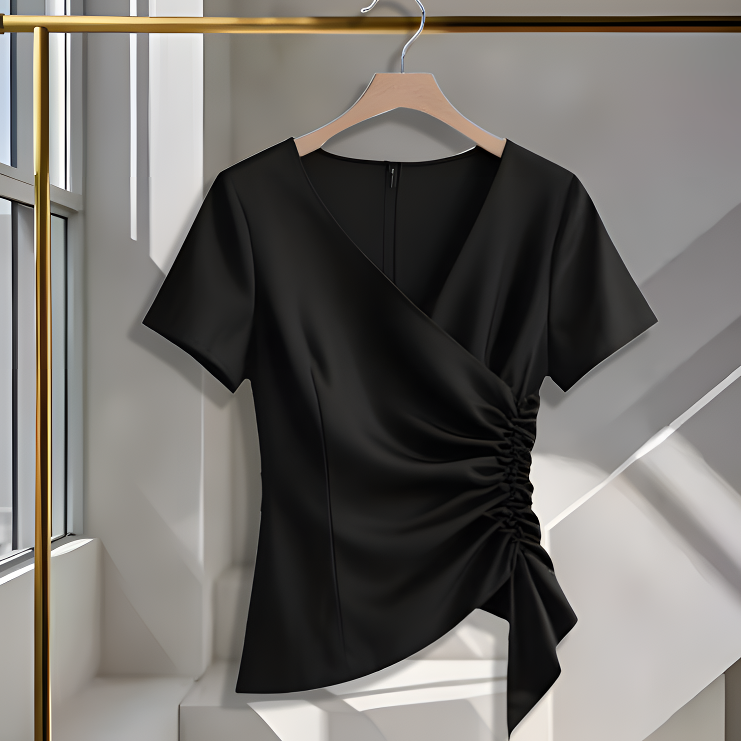 洋气今年夏季黑色独特超好看感V领上衣短袖女新款百搭气质T恤v领