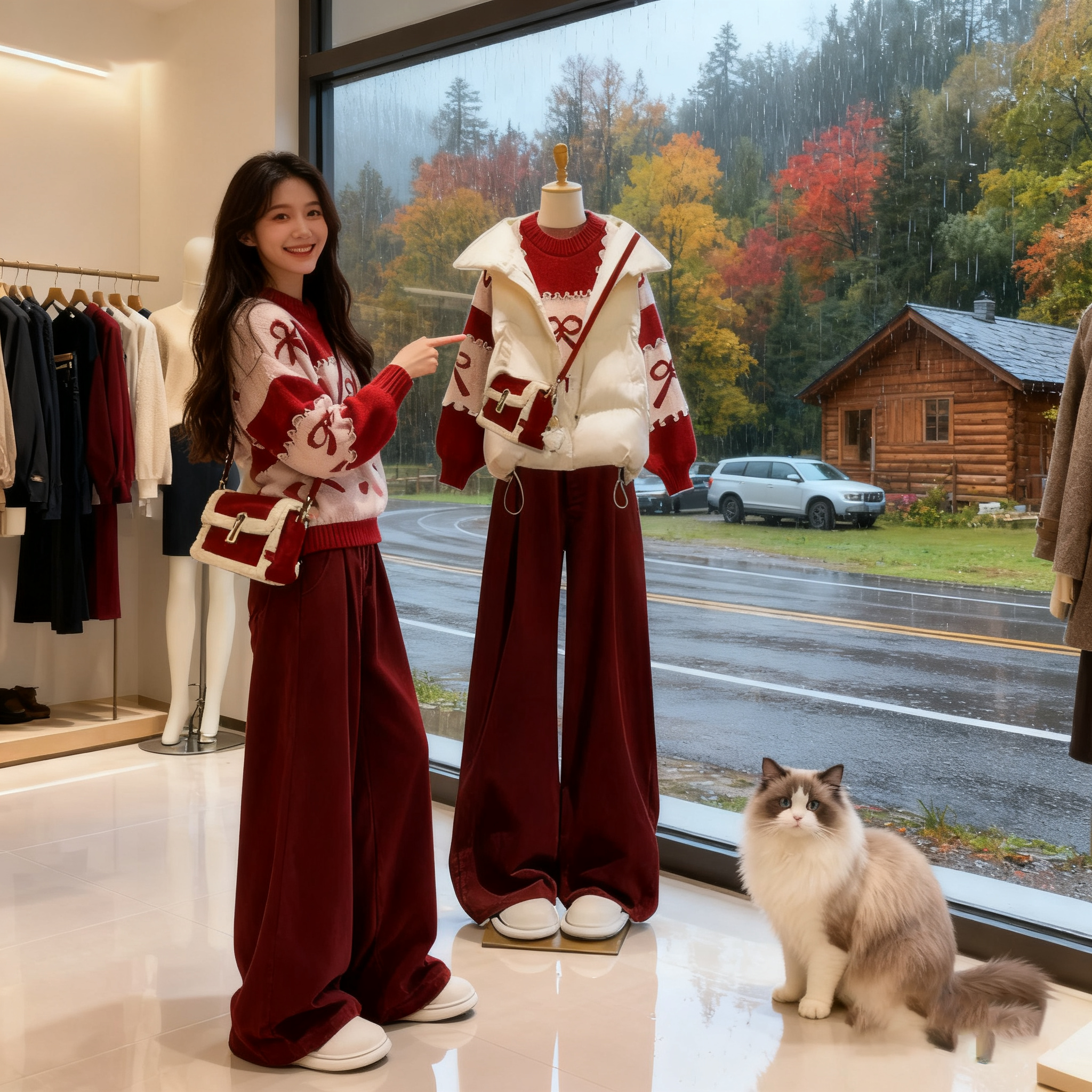 2025秋冬小清新穿搭简约设计棉服马甲宽松慵懒毛衣搭毛呢裤三件套