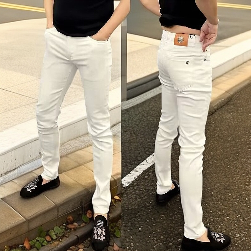 高级感男士白色裤子简约夏季潮男款商务棉质小脚牛仔裤修身九分裤