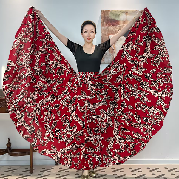 A《‌‌朱颜蔓枝》绉花丝印满铺花时尚百搭全松紧腰大摆半身裙带衬裙