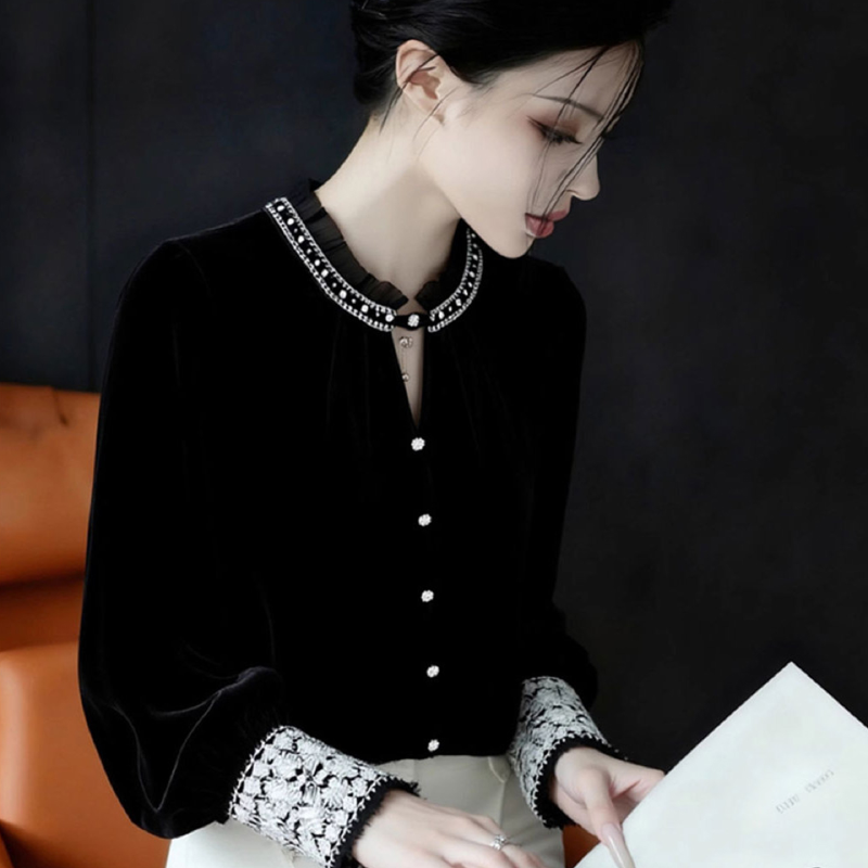 法式辣妹重工钉珠木耳边立领衬衫女2025秋冬新款气质丝绒内搭上衣