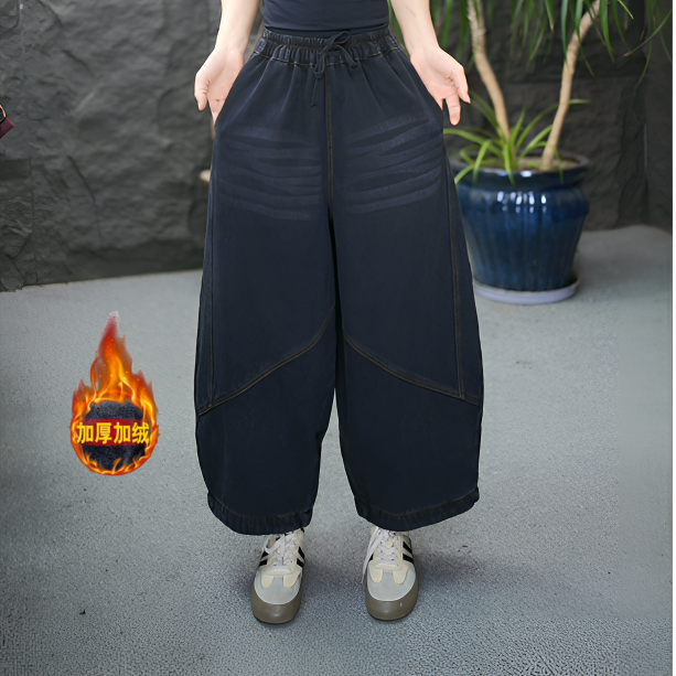 【加绒牛仔裤】无弹水洗休闲风高腰灯笼裤牛仔裤大码休闲裤阔腿裤
