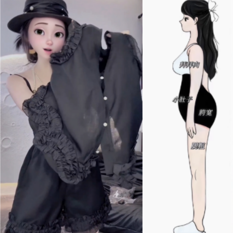 法式赫本风轻薄黑色木耳边无袖夏新款气质时尚减龄上衣短裤两件套