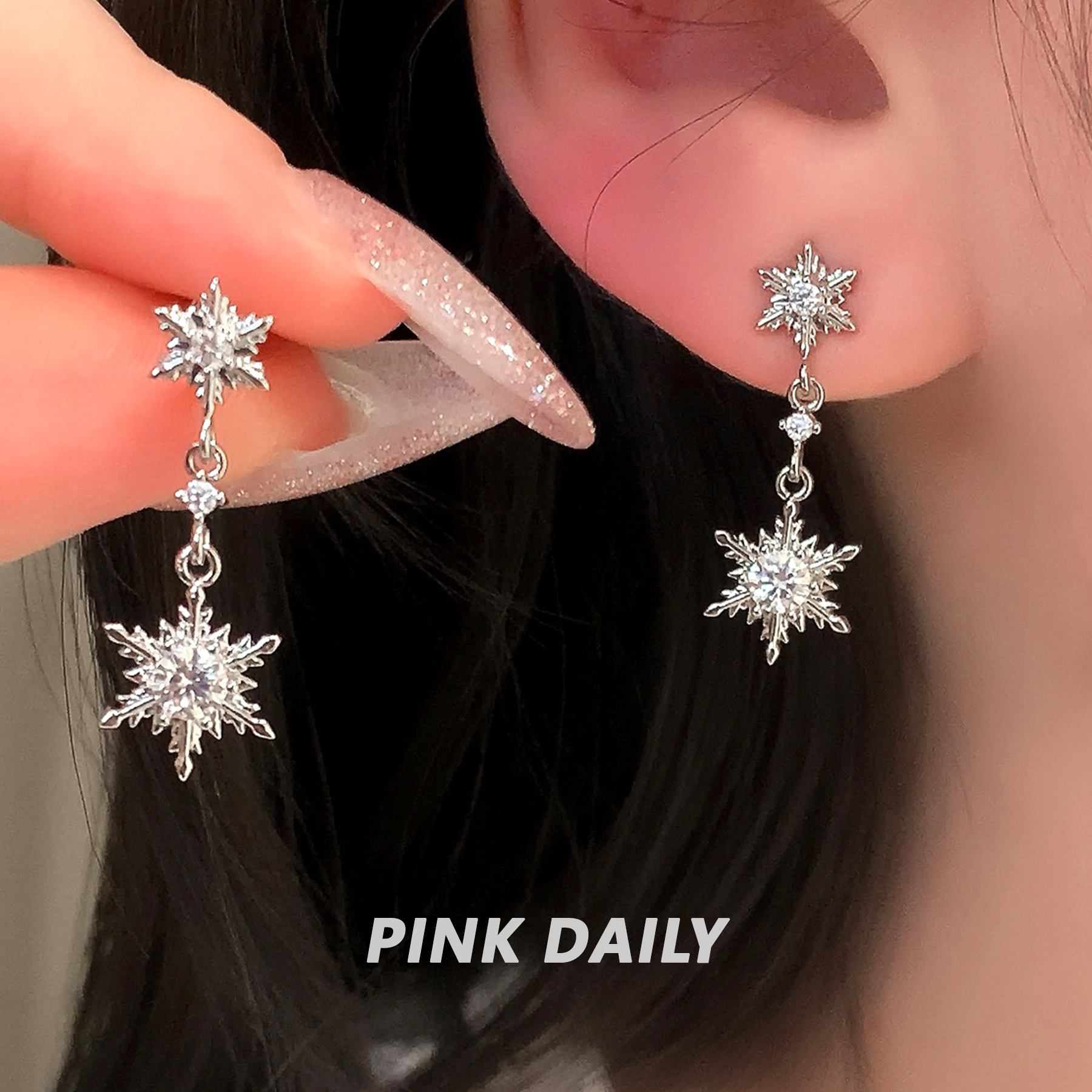 钛钢锆石耳饰 Pink Daily超闪锆石雪花吊坠耳钉女精致耳坠耳骨钉
