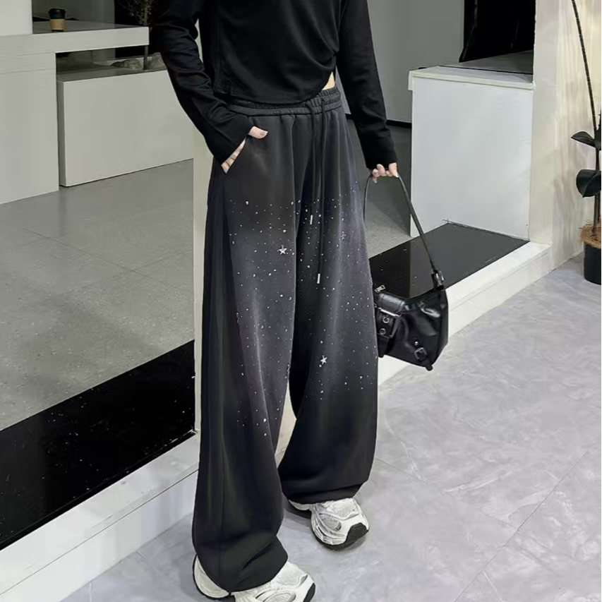 联盟2613重工手工钉珠水磨渐变晕染烫钻弯刀裤