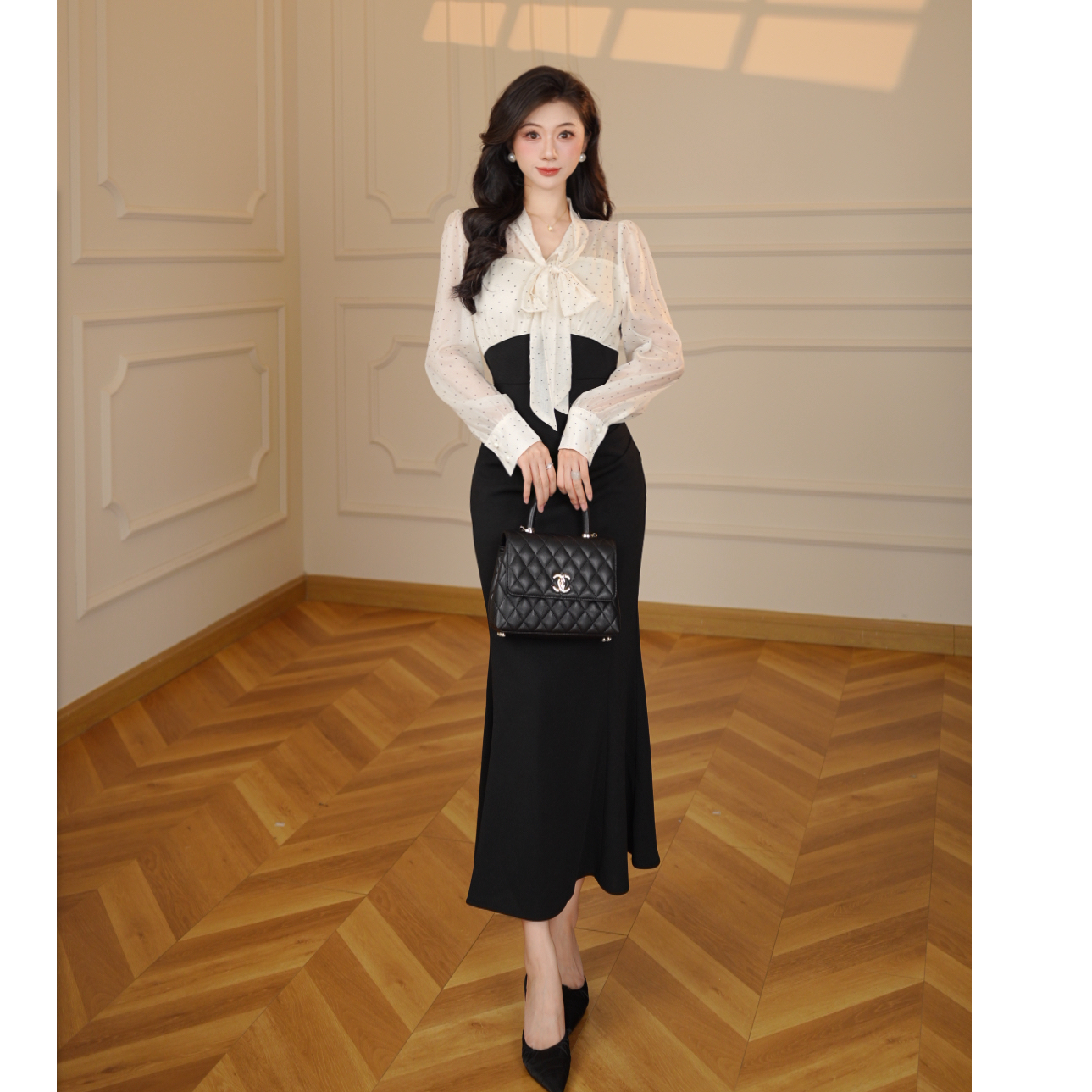 法式气质包臀长袖蕾丝修身时尚连衣裙黑色LJ0094