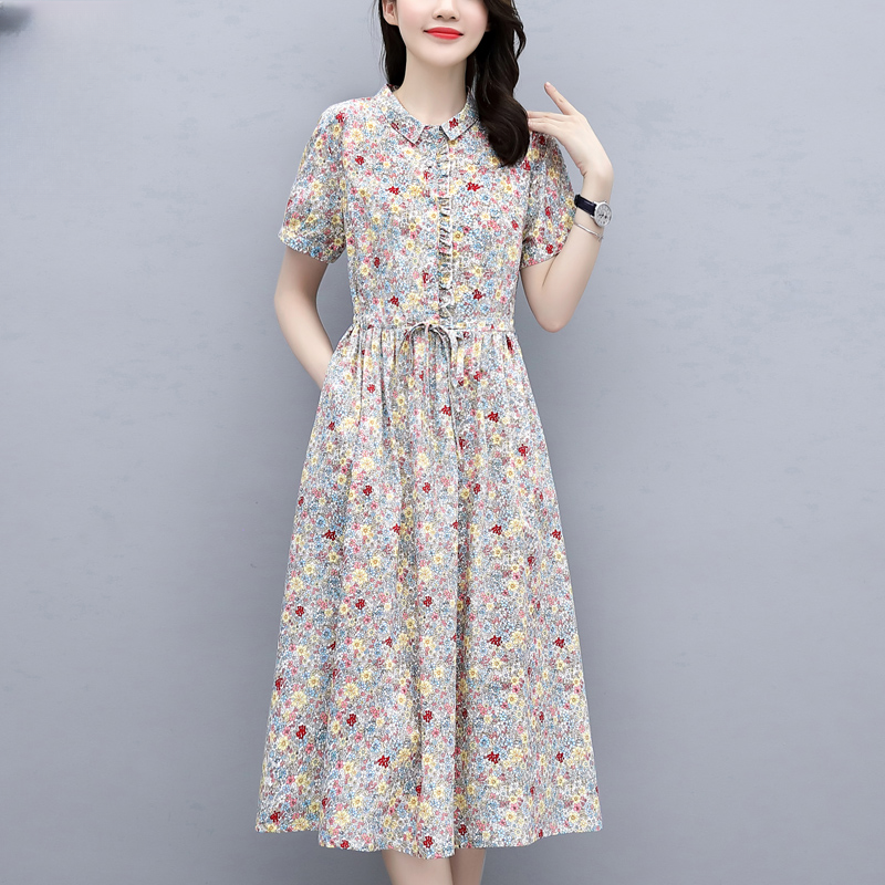 棉麻连衣裙女夏季2024新款收腰高级感休闲气质小翻领纯棉碎花裙子