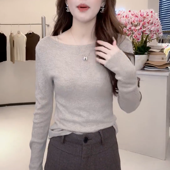 韩版早秋一字领鱼骨纹长袖纯色上衣气质毛衣针织衫女打底衫H9-75